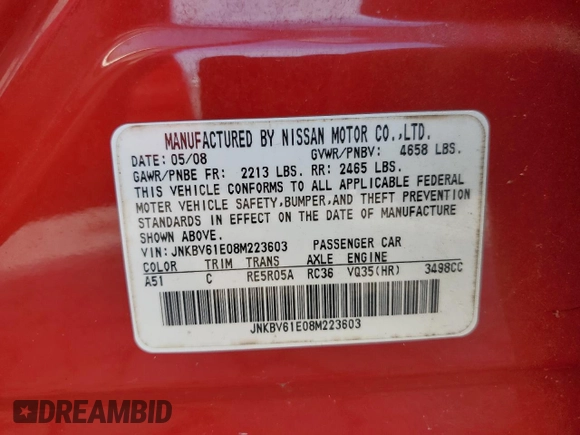 2008 Infiniti G35 Journey with VIN JNKBV61E08M223603, listed as a Copart auction lot 67117624 with Not Provided miles and Clean Title. Bid and sale history available at DreamBid. Image 13.