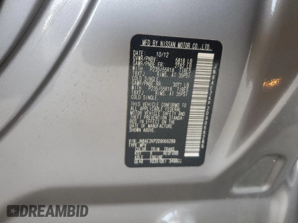 2013 Nissan Quest LE z VIN JN8AE2KP2D9066289, wystawiony jako Copart lot #53097475 z przebiegiem 122 150 mil mil oraz Szkoda całkowita • Salvage title. Historia ofert i sprzedaży dostępna na DreamBid. Obrazek 13.