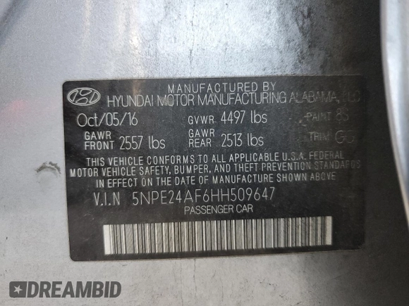 2017 Hyundai Sonata 2.4L with VIN 5NPE24AF6HH509647, listed as a Copart auction lot 83037104 with 123,701 mi miles and Clean Title. Bid and sale history available at carsss.com. Image 12.