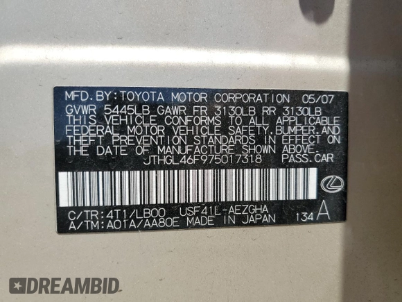 2007 Lexus LS 460 L with VIN JTHGL46F975017318, listed as a Copart auction lot 63524605 with 141,630 mi miles and Salvage title. Bid and sale history available at DreamBid. Image 12.