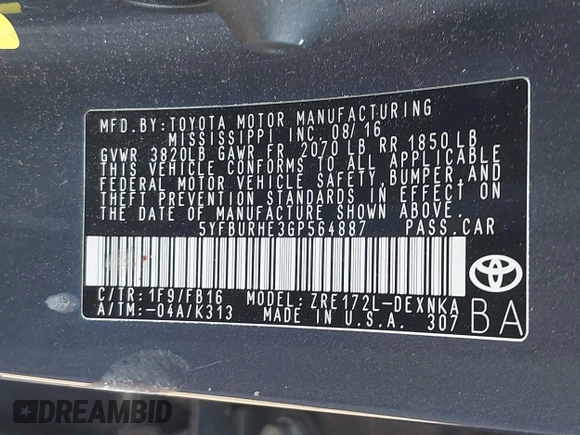 2016 Toyota Corolla L with VIN 5YFBURHE3GP564887, listed as a IAAI auction lot 42390190 with 97,642 mi miles and . Bid and sale history available at DreamBid. Image 9.