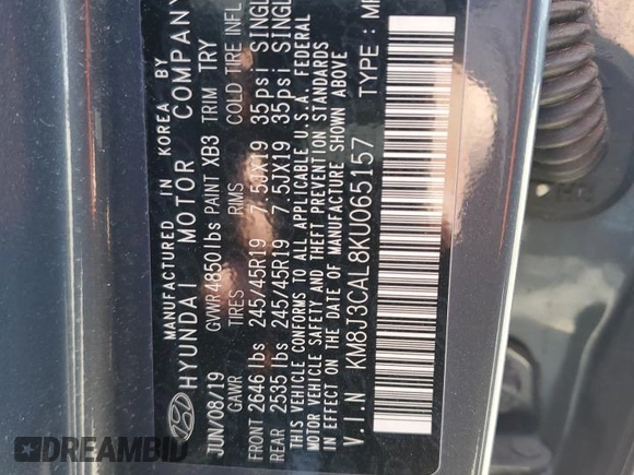 2019 Hyundai Tucson Sport z VIN KM8J3CAL8KU065157, wystawiony jako Copart lot #54242965 z przebiegiem 34 999 mil mil oraz Szkoda całkowita • Salvage title. Historia ofert i sprzedaży dostępna na DreamBid. Obrazek 13.