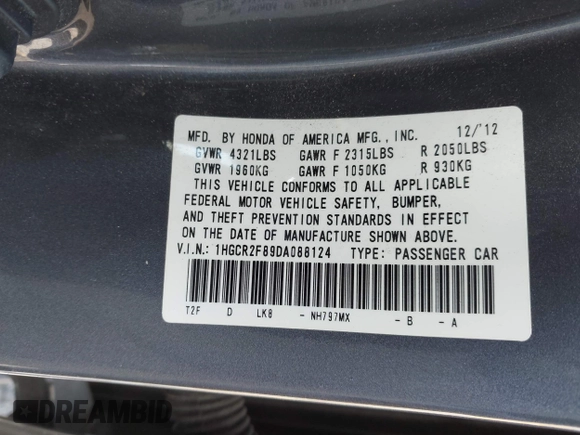 2013 Honda Accord EX-L with VIN 1HGCR2F89DA088124, listed as a IAAI auction lot 41961736 with 157,569 mi miles and . Bid and sale history available at DreamBid. Image 9.