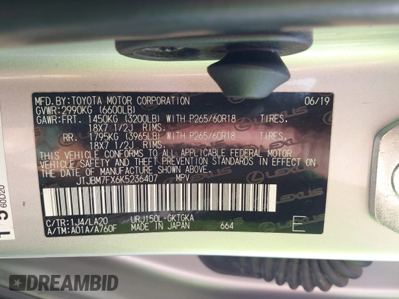 2019 Lexus GX 460 z VIN JTJBM7FX6K5236407, wystawiony jako IAAI lot #41468558 z przebiegiem 68 296 mil mil oraz . Historia ofert i sprzedaży dostępna na DreamBid. Obrazek 9.