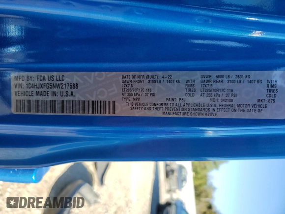 2022 Jeep Wrangler Unlimited Rubicon with VIN 1C4HJXFG5NW217688, listed as a Copart auction lot 81182824 with 63,102 mi miles and Salvage title. Bid and sale history available at DreamBid. Image 15.