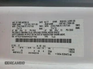 2017 Ford F-150 XL z VIN 1FTEX1E84HKD27782, wystawiony jako Copart lot #57917685 z przebiegiem 120 154 mil mil oraz Szkoda całkowita • Salvage title. Historia ofert i sprzedaży dostępna na DreamBid. Obrazek 13.