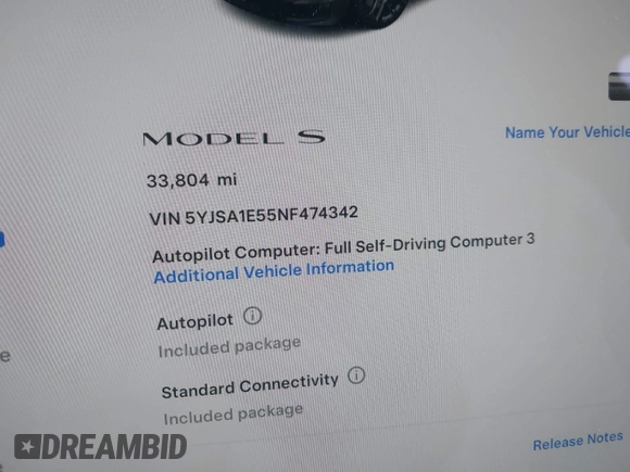 2022 Tesla Model S with VIN 5YJSA1E55NF474342, listed as a IAAI auction lot 41870994 with 33,804 mi miles and . Bid and sale history available at DreamBid. Image 7.