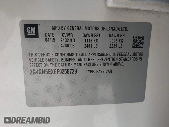 2015 Buick Regal Premium I with VIN 2G4GN5EX6F9258729, listed as a IAAI auction lot 41835545 with 120,751 mi miles and . Bid and sale history available at DreamBid. Image 9.