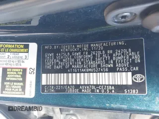 2021 Toyota Camry SE Nightshade with VIN 4T1G11AK8MU527456, listed as a IAAI auction lot 41422590 with 86,927 mi miles and . Bid and sale history available at DreamBid. Image 9.