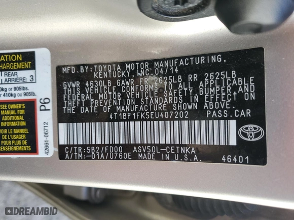 2014 Toyota Camry L with VIN 4T1BF1FK5EU407202, listed as a Copart auction lot 82980624 with 218,643 mi miles and Salvage Title. Bid and sale history available at carsss.com. Image 12.