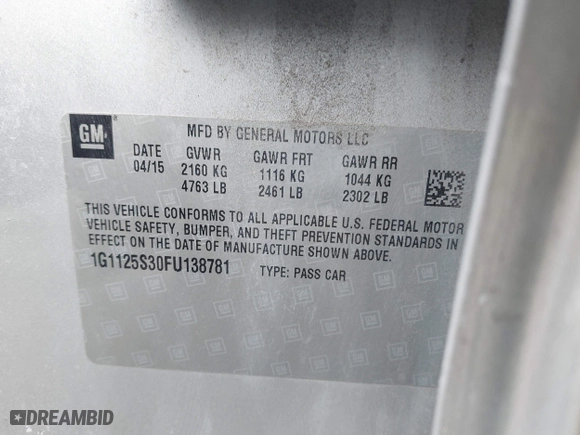 2015 Chevrolet Impala LT with VIN 1G1125S30FU138781, listed as a IAAI auction lot 41696424 with 150,239 mi miles. Bid and sale history available at carsss.com. Image 9.