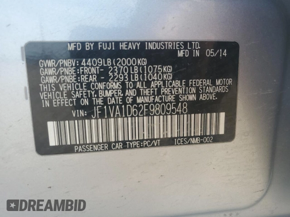 2015 Subaru WRX Premium with VIN JF1VA1D62F9809548, listed as a Copart auction lot 60928325 with 163,469 mi miles and Salvage title. Bid and sale history available at DreamBid. Image 12.