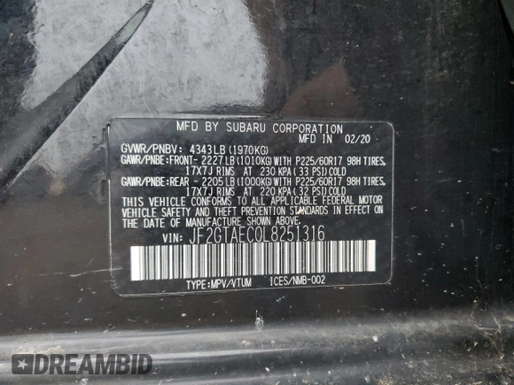 2020 Subaru Crosstrek Premium with VIN JF2GTAEC0L8251316, listed as a Copart auction lot 60852665 with 56,610 mi miles and Salvage title. Bid and sale history available at DreamBid. Image 13.