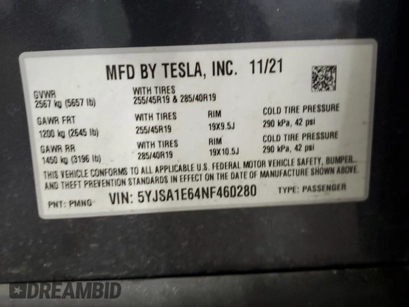 2022 Tesla Model S Plaid z VIN 5YJSA1E64NF460280, wystawiony jako Copart lot #60063745 z przebiegiem 42 387 mil mil oraz Szkoda całkowita • Salvage title. Historia ofert i sprzedaży dostępna na DreamBid. Obrazek 12.