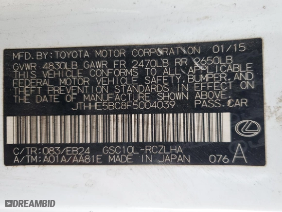 2015 Lexus RC 350 with VIN JTHHE5BC8F5004039, listed as a Copart auction lot 76385284 with 121,035 mi miles and Salvage Title. Bid and sale history available at carsss.com. Image 12.