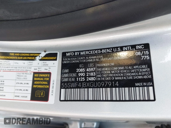 2016 Mercedes-Benz C 300 with VIN 55SWF4JBXGU097914, listed as a IAAI auction lot 41558924 with 99,335 mi miles and . Bid and sale history available at carsss.com. Image 9.