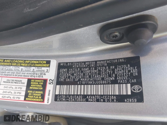 2018 Toyota Camry LE with VIN 4T1B11HK9JU068675, listed as a IAAI auction lot 41299139 with 144,675 mi miles. Bid and sale history available at carsss.com. Image 9.