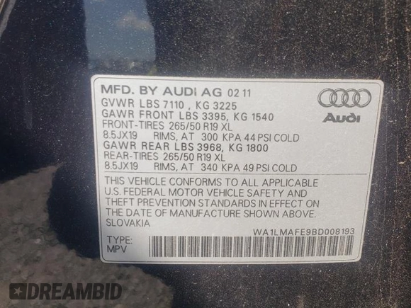 2011 Audi Q7 Premium Plus with VIN WA1LMAFE9BD008193, listed as a Copart auction lot 53777785 with 140,038 mi miles and Salvage title. Bid and sale history available at DreamBid. Image 13.
