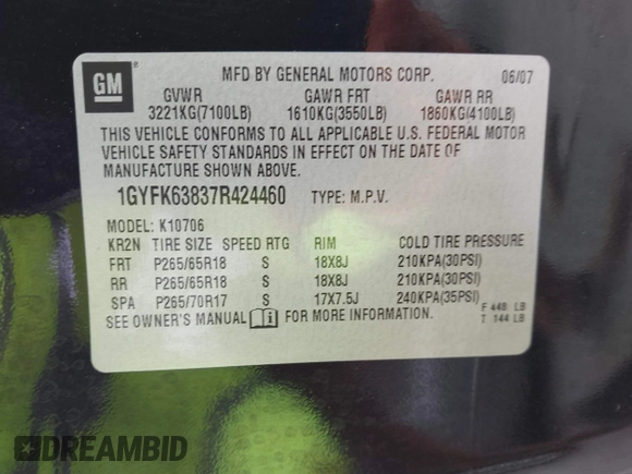 2007 Cadillac Escalade z VIN 1GYFK63837R424460, wystawiony jako IAAI lot #41859862 z przebiegiem 138 690 mil mil oraz . Historia ofert i sprzedaży dostępna na DreamBid. Obrazek 9.
