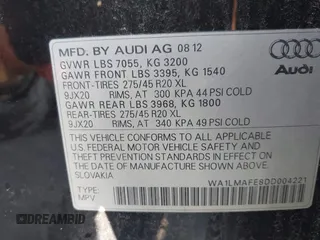 2013 Audi Q7 3.0L TDI Premium Plus with VIN WA1LMAFE8DD004221, listed as a IAAI auction lot 41678528 with 159,485 mi miles. Bid and sale history available at carsss.com. Image 9.