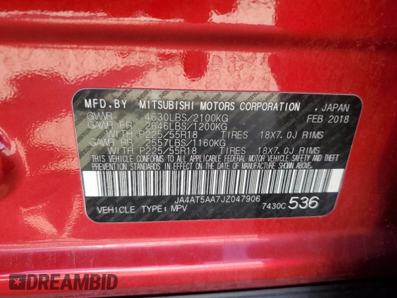 2018 Mitsubishi Eclipse Cross SE z VIN JA4AT5AA7JZ047906, wystawiony jako Copart lot #57755285 z przebiegiem 82 203 mil mil oraz Szkoda całkowita • Salvage title. Historia ofert i sprzedaży dostępna na DreamBid. Obrazek 13.