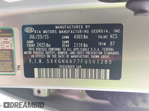 2015 Kia Optima EX with VIN 5XXGN4A77FG501283, listed as a IAAI auction lot 41836864 with 19,875 mi miles. Bid and sale history available at carsss.com. Image 9.