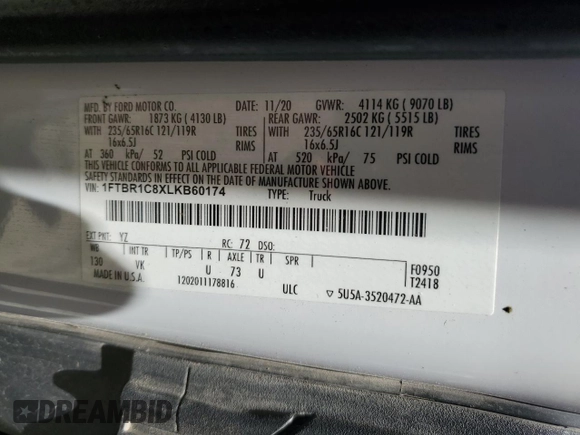2020 Ford Transit Cargo with VIN 1FTBR1C8XLKB60174, listed as a Copart auction lot 58957204 with 69,262 mi miles and Salvage Title. Bid and sale history available at DreamBid. Image 14.