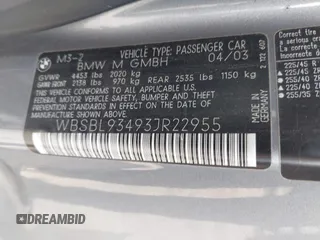 2003 BMW 3 Series M3 with VIN WBSBL93493JR22955, listed as a IAAI auction lot 42457249 with 210,792 mi miles and . Bid and sale history available at DreamBid. Image 9.