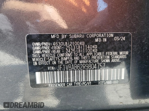 2024 Subaru WRX z VIN JF1VBAB62R9804757, wystawiony jako Copart lot #52240365 z przebiegiem 17 719 mil mil oraz Szkoda całkowita • Salvage title. Historia ofert i sprzedaży dostępna na DreamBid. Obrazek 12.