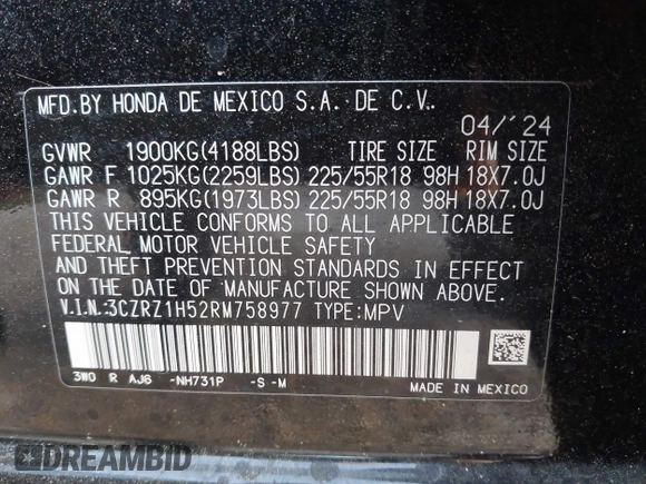 2024 Honda HR-V Sport with VIN 3CZRZ1H52RM758977, listed as a IAAI auction lot 40585814 with Not provided miles and . Bid and sale history available at DreamBid. Image 9.