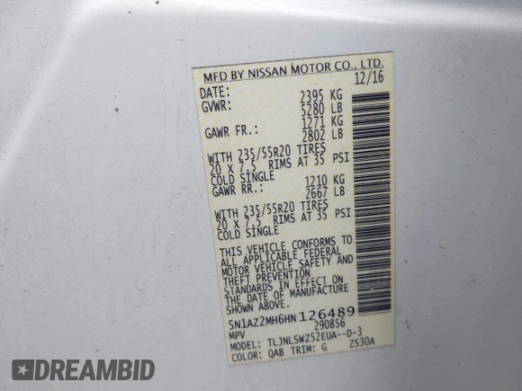 2017 Nissan Murano S with VIN 5N1AZ2MH6HN126489, listed as a IAAI auction lot 41559261 with 81,567 mi miles and . Bid and sale history available at DreamBid. Image 9.