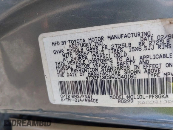 1998 Toyota Sienna LE с VIN 4T3ZF13C3WU040160, выставлен на аукционе IAAI как лот 42457548 с пробегом 226 516 миль миль и . История ставок и продаж доступна на DreamBid. Изображение 9.