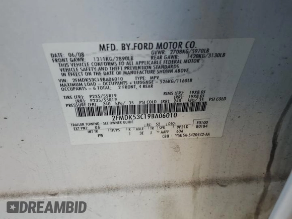 2009 Ford Flex Limited with VIN 2FMDK53C19BA06010, listed as a Copart auction lot 46367005 with 234,534 mi miles and Salvage Title. Bid and sale history available at carsss.com. Image 15.