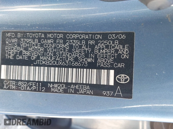 2006 Toyota Prius with VIN JTDKB20UX63168673, listed as a IAAI auction lot 42047247 with 206,929 mi miles. Bid and sale history available at carsss.com. Image 9.