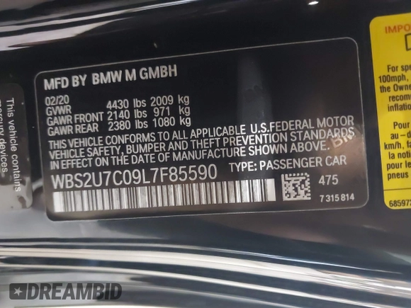 2020 BMW M2 Competition z VIN WBS2U7C09L7F85590, wystawiony jako IAAI lot #41836200 z przebiegiem 59 729 mil mil oraz . Historia ofert i sprzedaży dostępna na DreamBid. Obrazek 9.