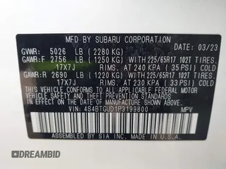 2023 Subaru Outback Wilderness with VIN 4S4BTGUD1P3199800, listed as a IAAI auction lot 42067858 with 33,011 mi miles and . Bid and sale history available at DreamBid. Image 9.