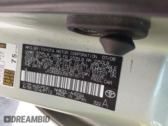 2008 Toyota Prius with VIN JTDKB20U587818019, listed as a IAAI auction lot 42409382 with 164,343 mi miles and . Bid and sale history available at DreamBid. Image 9.