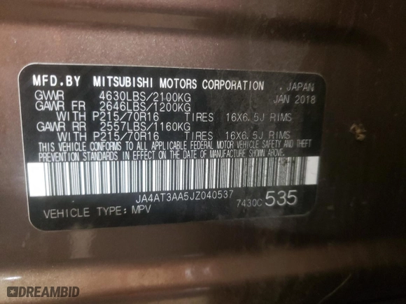 2018 Mitsubishi Eclipse Cross ES with VIN JA4AT3AA5JZ040537, listed as a Copart auction lot 86266224 with 107,160 mi miles and Salvage Title. Bid and sale history available at carsss.com. Image 13.