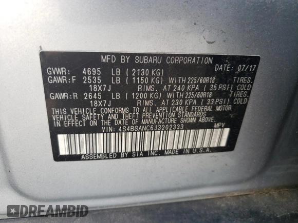 2018 Subaru Outback Limited with VIN 4S4BSANC6J3202333, listed as a Copart auction lot 59186985 with 66,033 mi miles and Salvage title. Bid and sale history available at DreamBid. Image 13.