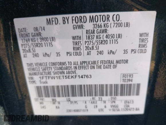 2014 Ford F-150 XL with VIN 1FTFW1ET5EKF14763, listed as a IAAI auction lot 41739651 with 1 mi miles. Bid and sale history available at carsss.com. Image 9.