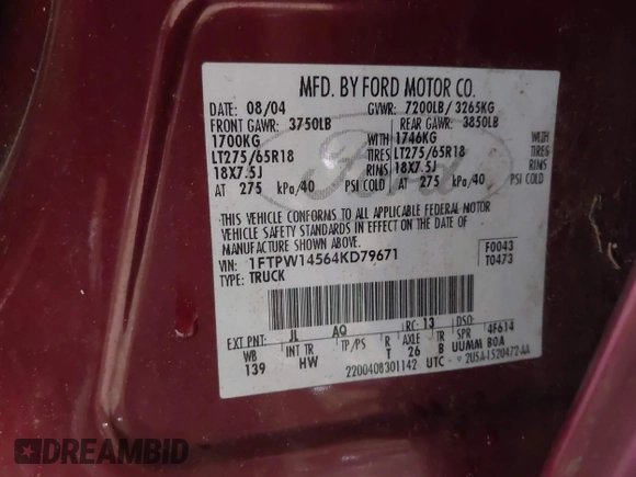 2004 Ford F-150 XLT with VIN 1FTPW14564KD79671, listed as a IAAI auction lot 42166489 with 205,083 mi miles. Bid and sale history available at carsss.com. Image 9.