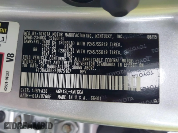 2015 Toyota Venza LE z VIN 4T3BA3BB3FU075107, wystawiony jako IAAI lot #42182256 z przebiegiem 78 844 mil mil oraz . Historia ofert i sprzedaży dostępna na DreamBid. Obrazek 9.