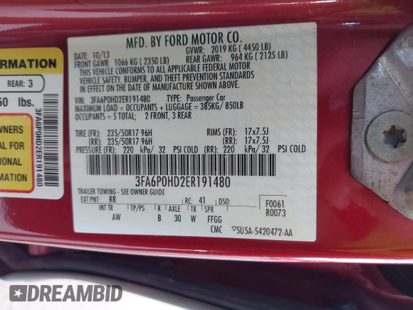 2014 Ford Fusion SE with VIN 3FA6P0HD2ER191480, listed as a IAAI auction lot 42135483 with 129,752 mi miles. Bid and sale history available at carsss.com. Image 9.