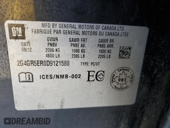 2013 Buick Regal with VIN 2G4GR5ER0D9121580, listed as a Copart auction lot 46574995 with 159,907 mi miles and Salvage Title. Bid and sale history available at carsss.com. Image 13.