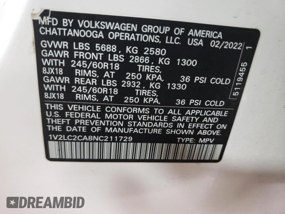 2022 Volkswagen Atlas SE with VIN 1V2LC2CA8NC211729, listed as a Copart auction lot 87927105 with 41,988 mi miles and Salvage title. Bid and sale history available at DreamBid. Image 12.