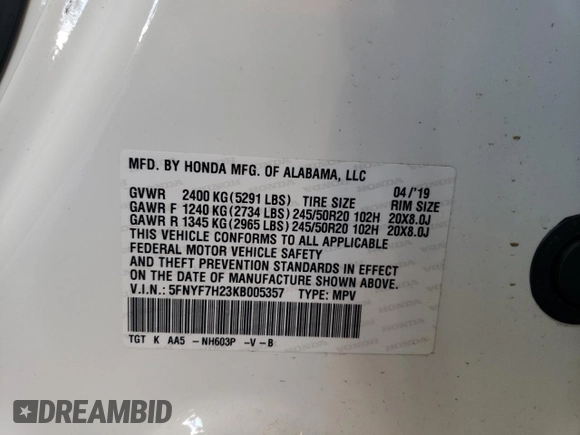 2019 Honda Passport Sport with VIN 5FNYF7H23KB005357, listed as a Copart auction lot 62219045 with 52,384 mi miles and Salvage title. Bid and sale history available at DreamBid. Image 13.