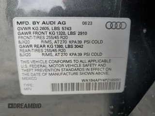 2023 Audi SQ5 Premium Plus with VIN WA1B4AFY4P2165851, listed as a Copart auction lot 50866934 with 20,514 mi miles and . Bid and sale history available at DreamBid. Image 14.