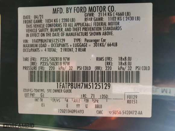 2021 Ford Mustang EcoBoost with VIN 1FATP8UH7M5125129, listed as a Copart auction lot 87858315 with 89,613 mi miles and Salvage Title. Bid and sale history available at carsss.com. Image 12.