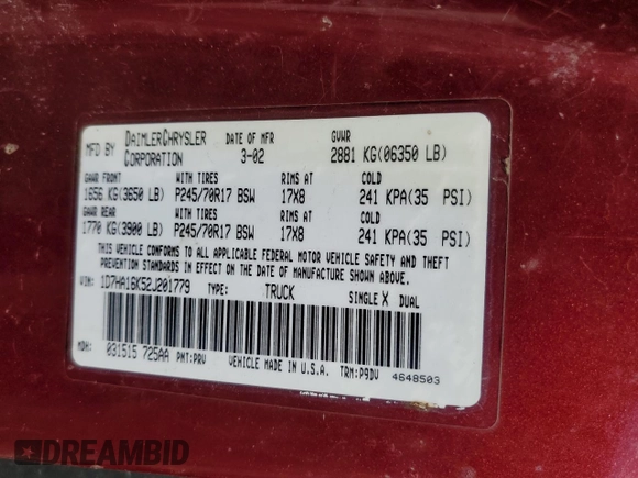 2002 Dodge 1500 with VIN 1D7HA16K52J201779, listed as a Copart auction lot 86694364 with 96,974 mi miles and Salvage Title. Bid and sale history available at DreamBid. Image 12.