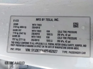 2023 Tesla Model 3 with VIN 5YJ3E1EA4PF462627, listed as a IAAI auction lot 41750103 with 38,463 mi miles and . Bid and sale history available at carsss.com. Image 9.